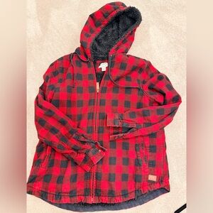 L.L. Bean Red Plaid Faux Sherpa Relaxed Zip Jacket
